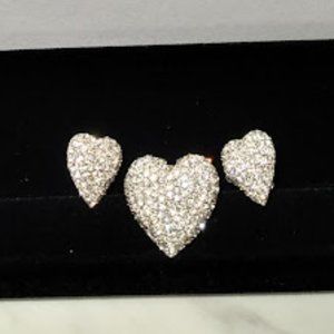 Sparkling Lameur Silver tone Rhinestone Heart Brooch/Pin and Clip Earring Set.